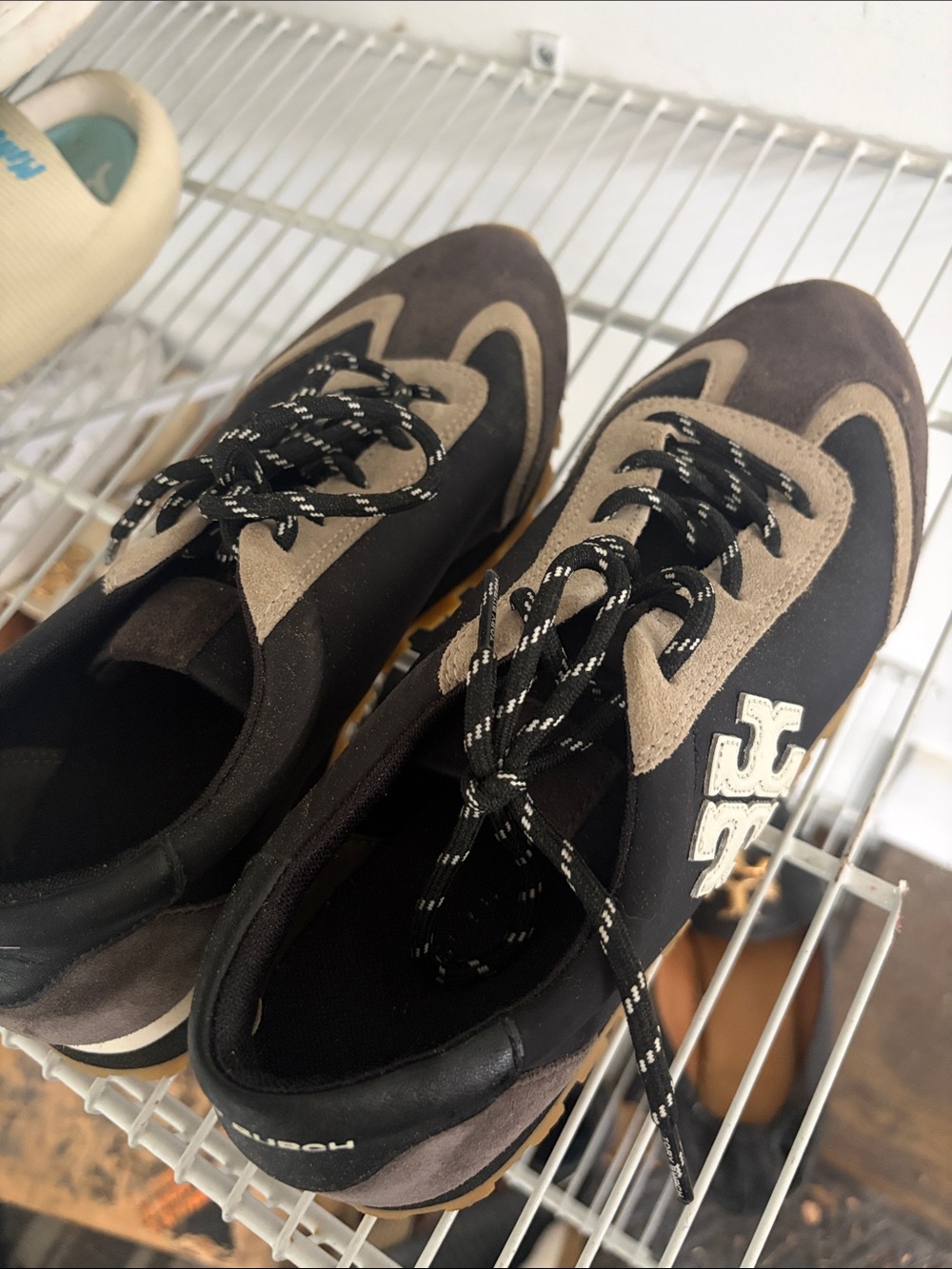 Tory Burch Black and Taupe Lace-Up Athletic Sneakers